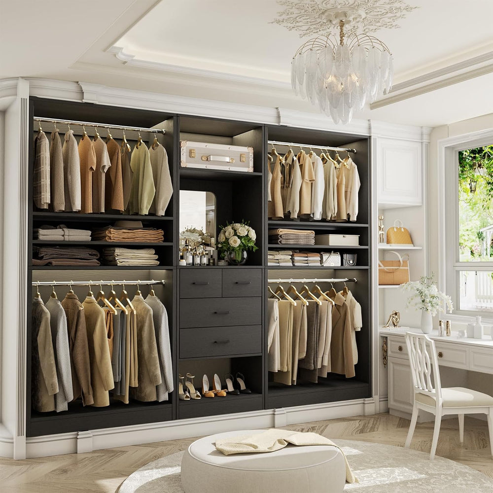 Unikito 97” Closet System with Mirror & 4 Drawers, 8.1FT Heavy Duty Wood ...