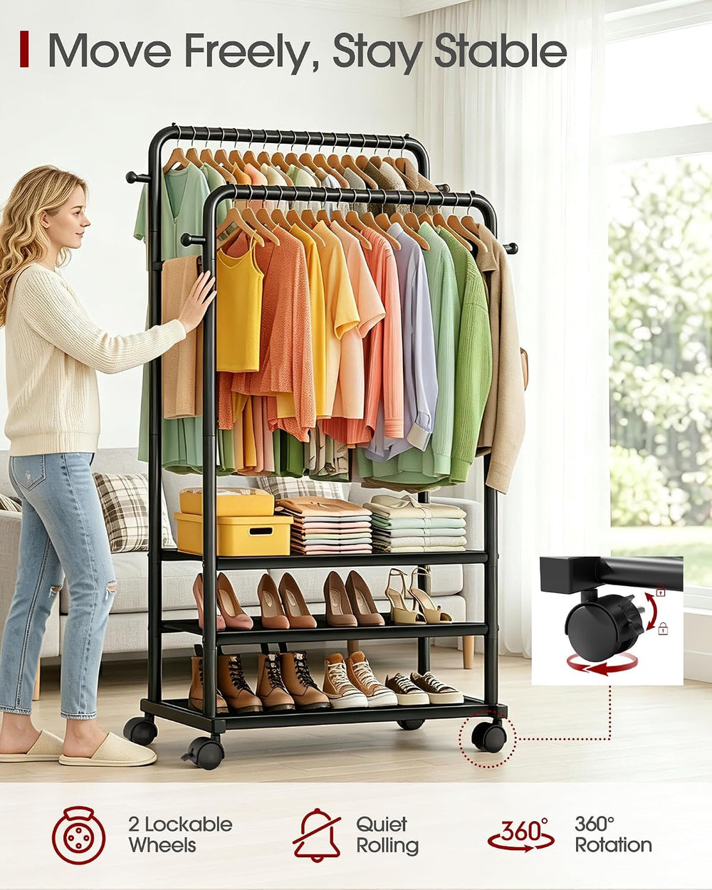 Sakugi Double Rod Clothes Rack with 3-Tier Shelves, 28.7"W x 17"D x...