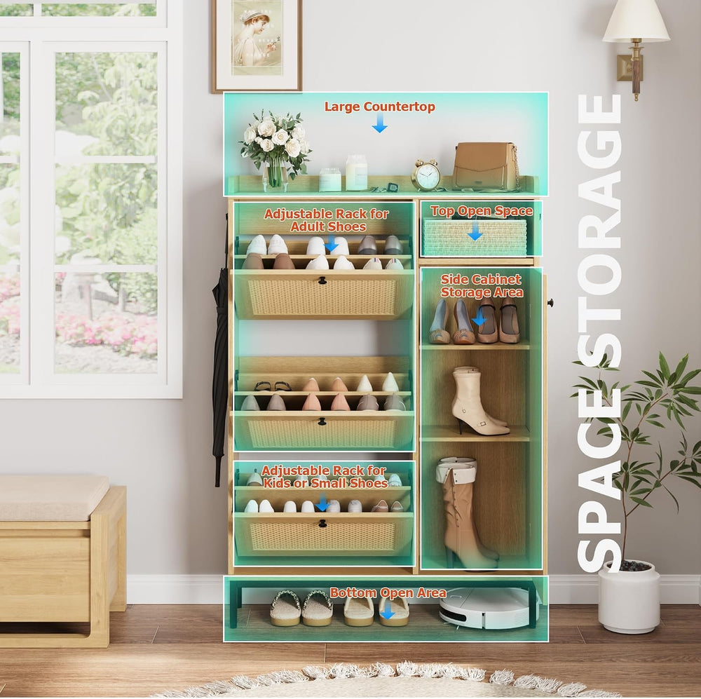 Rattan Shoe Cabinet with 3 Flip Drawers and Door for Entryway