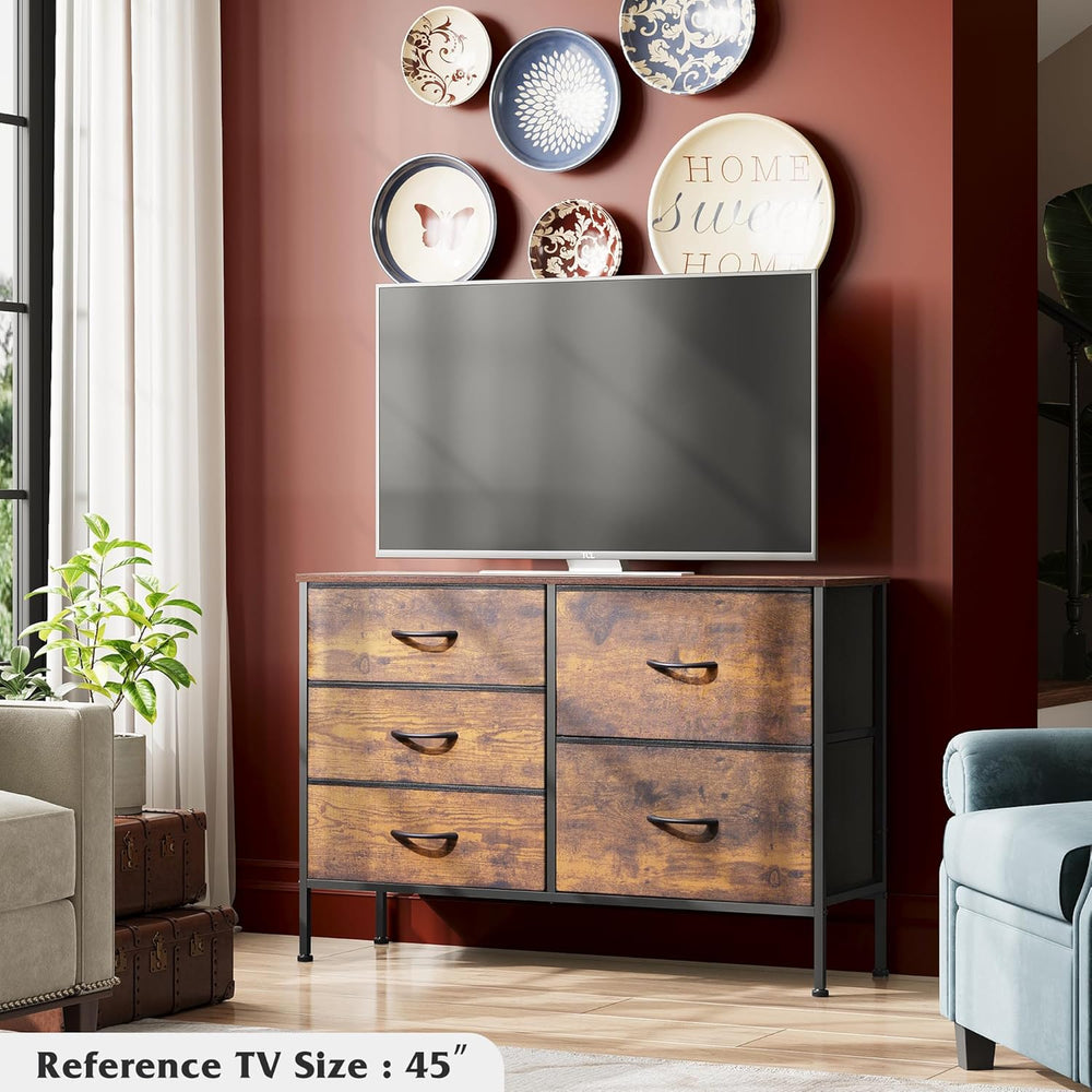 WLIVE 5 Drawer Fabric Dresser for Bedroom, Wide Storage Chest, Rustic Brown