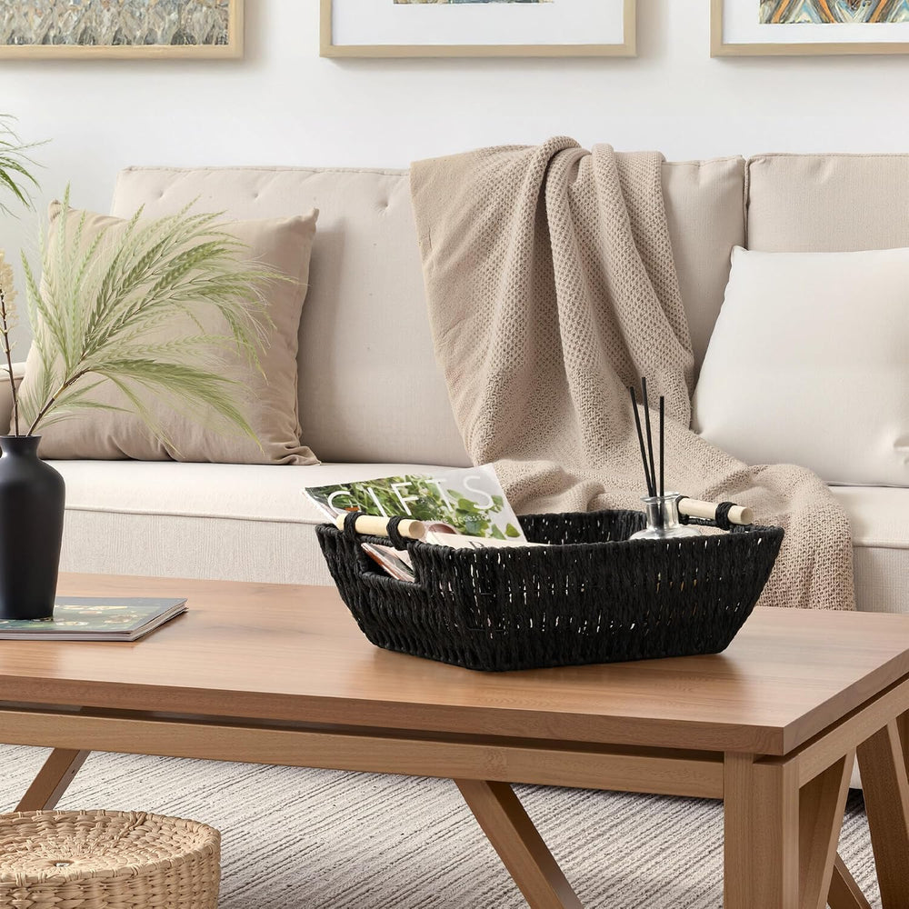 StorageWorks Wicker Storage Baskets for Shelves, 2 Pack Black Wicker Basket