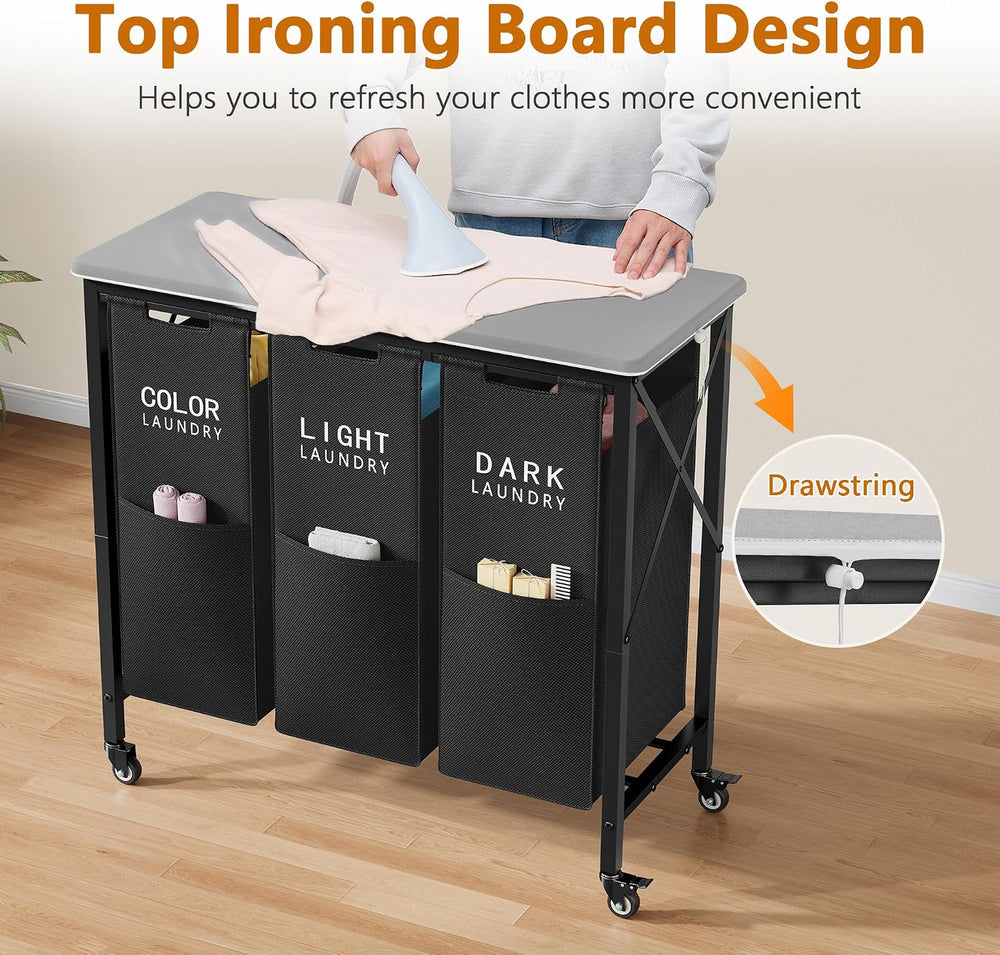 3 Section Laundry Sorter with Ironing Board, Black