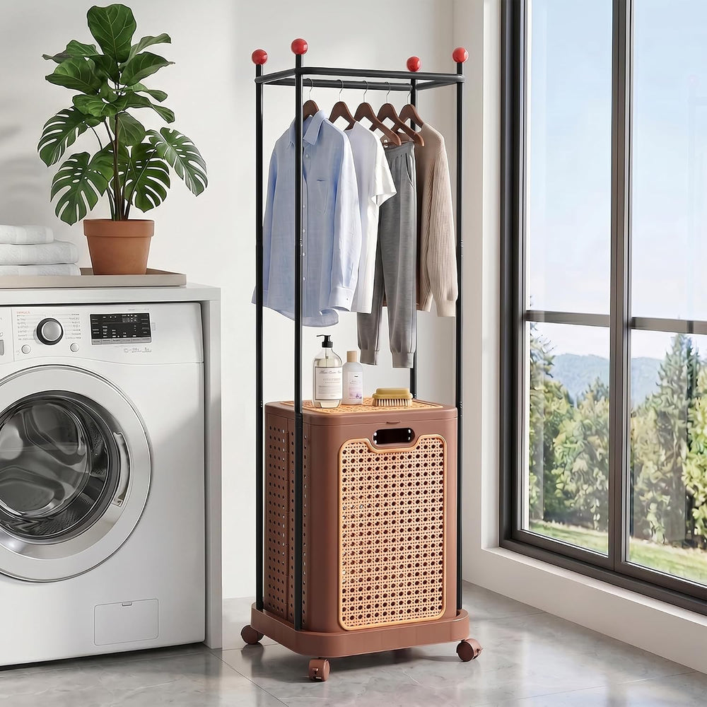 VECELO Laundry Hamper with Clothes Rack, Rolling Laundry Basket with Lid and ...