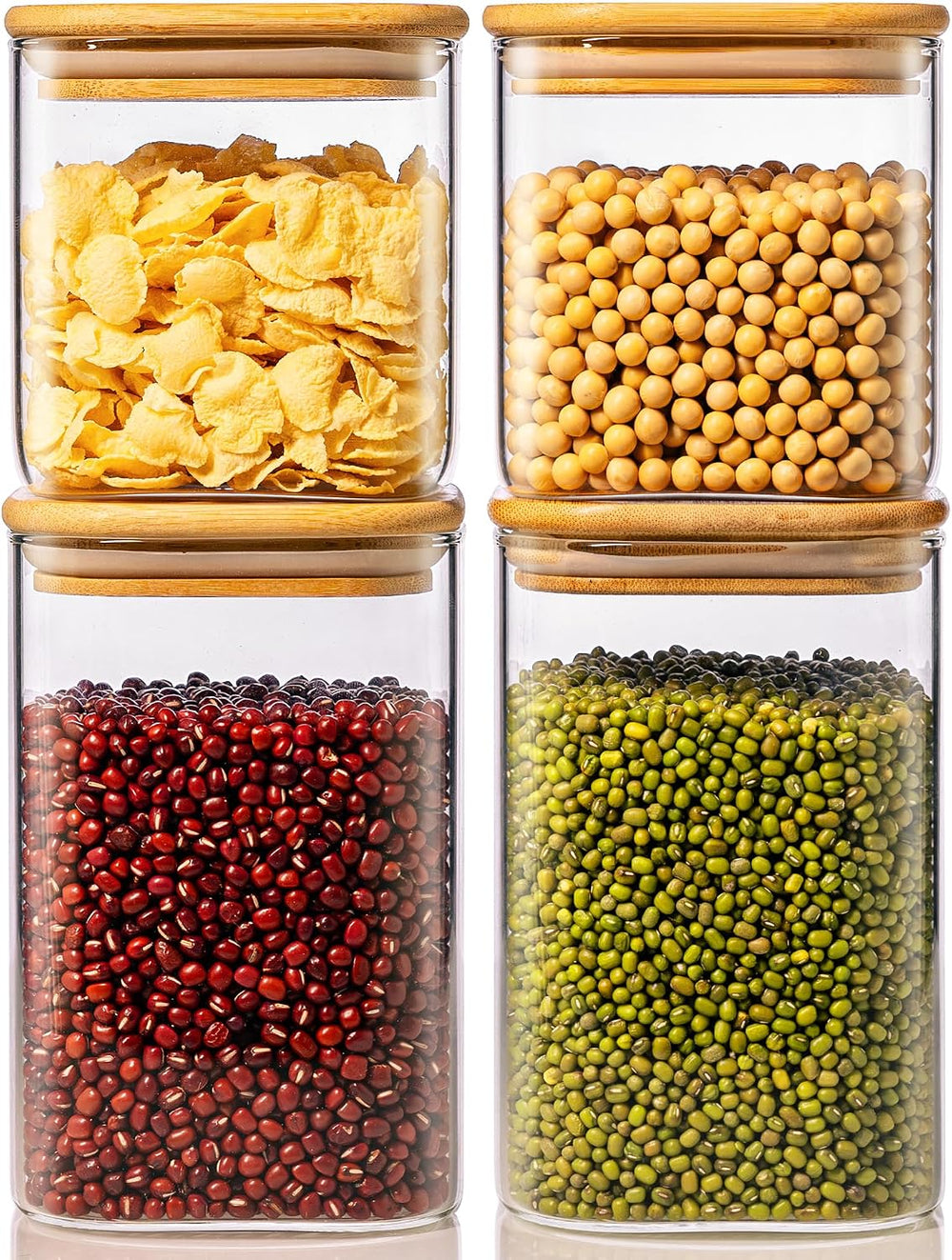 42 oz & 27 oz Square Glass Food Storage Containers with Bamboo Lids, 4 Pack