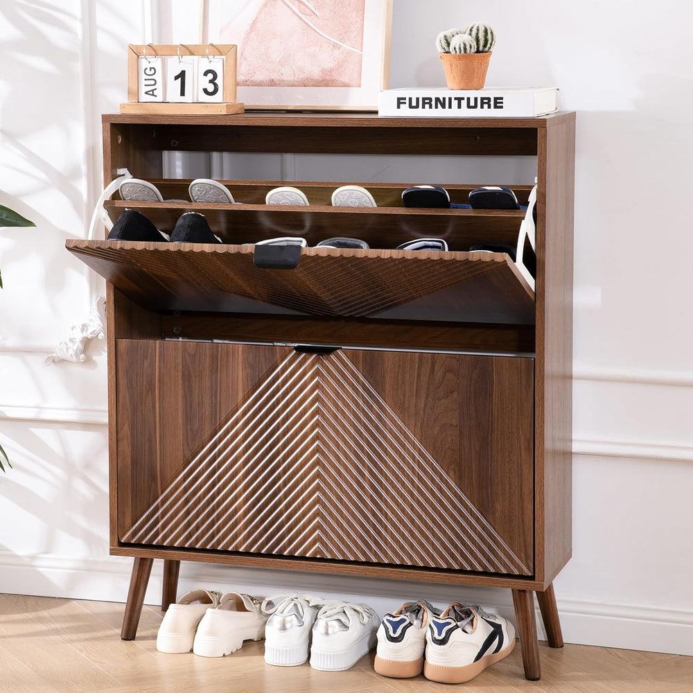 Shoe Cabinet Storage, Farmhouse Freestanding Organizer with 2 Flip Drawers