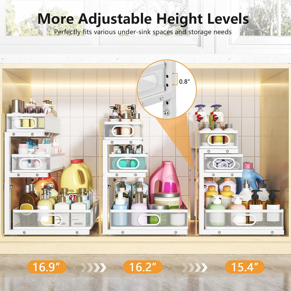 3-Tier Under Sink Organizer, Slide Out Drawer Rack, White, 2 Pack