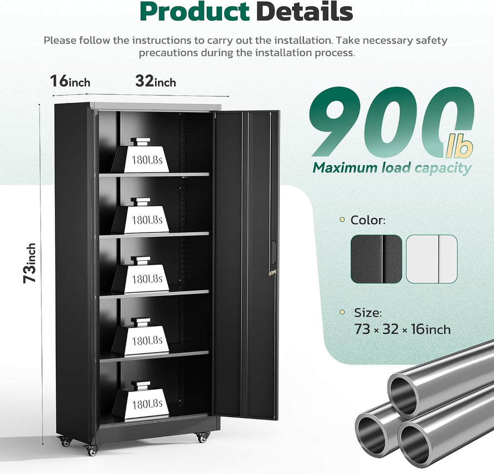73" Rolling Storage Cabinet,Black Metal Garage Cabinet with Locking Door...