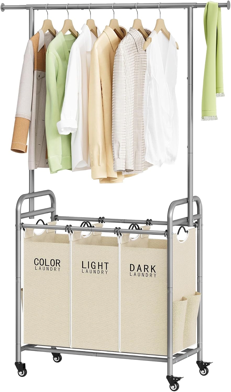 Tajsoon Laundry Hamper with Hanging Rack, Laundry Sorter 3 Section, Beige