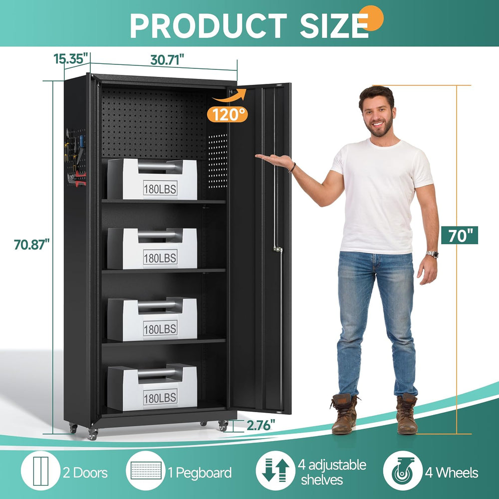 Metal Garage Storage Cabinet with Locking Doors & Pegboard, 71" H Ro...