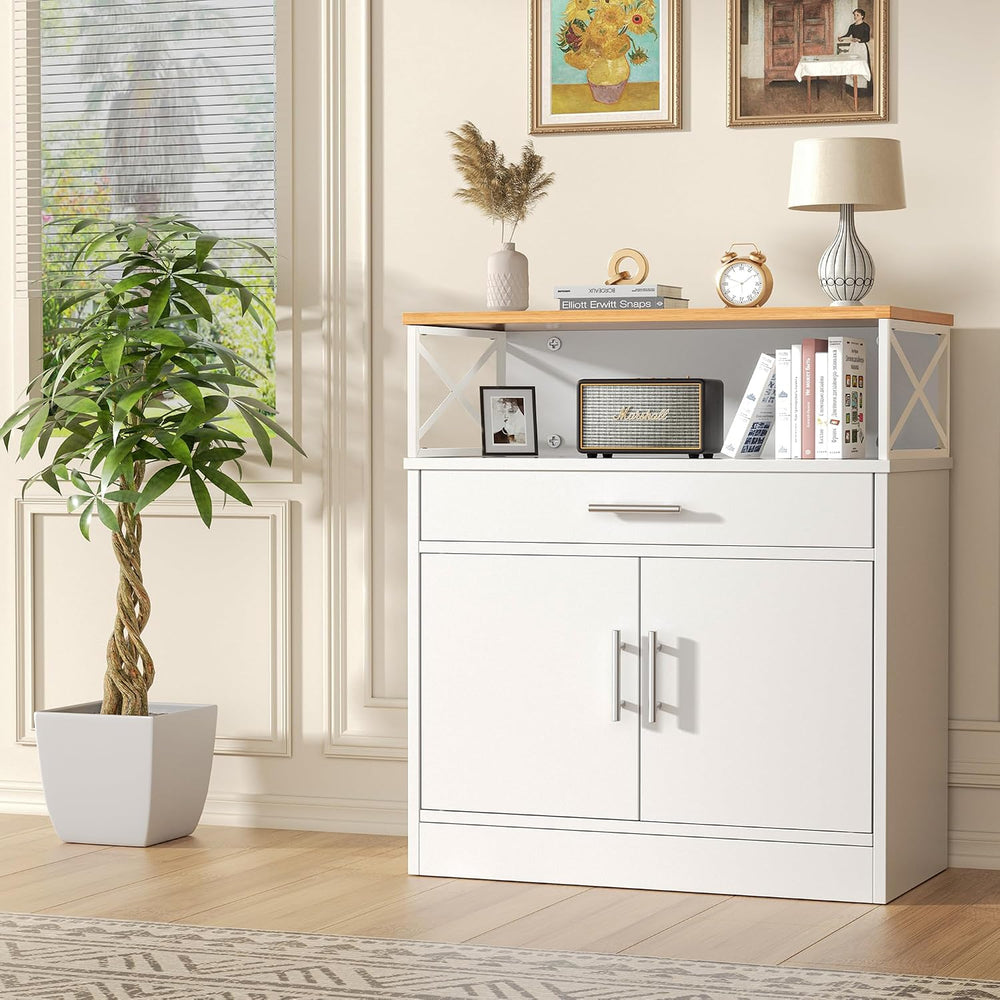 Shintenchi Kitchen Buffet Cabinet, Farmhouse Storage Cabinet, White