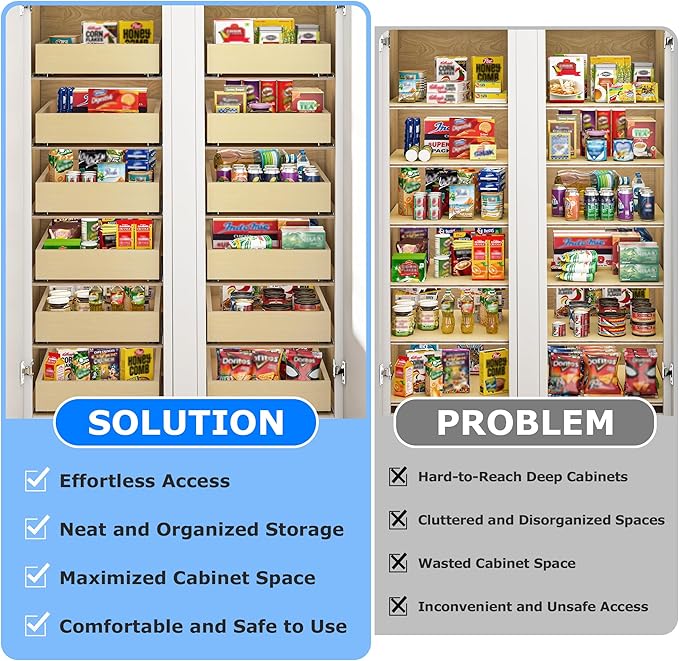 WelFurGeer Heavy-Duty Plywood Pull-Out Cabinet Drawers, Smooth Slide-Out Shelves