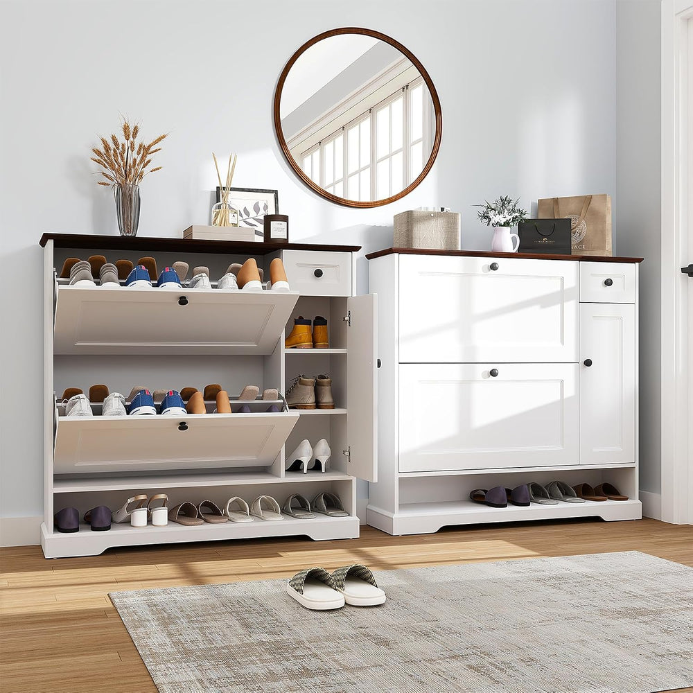 Patiorama Shoe Cabinet Set of 2 with 2 Flip Drawers, Side Cabinet, White
