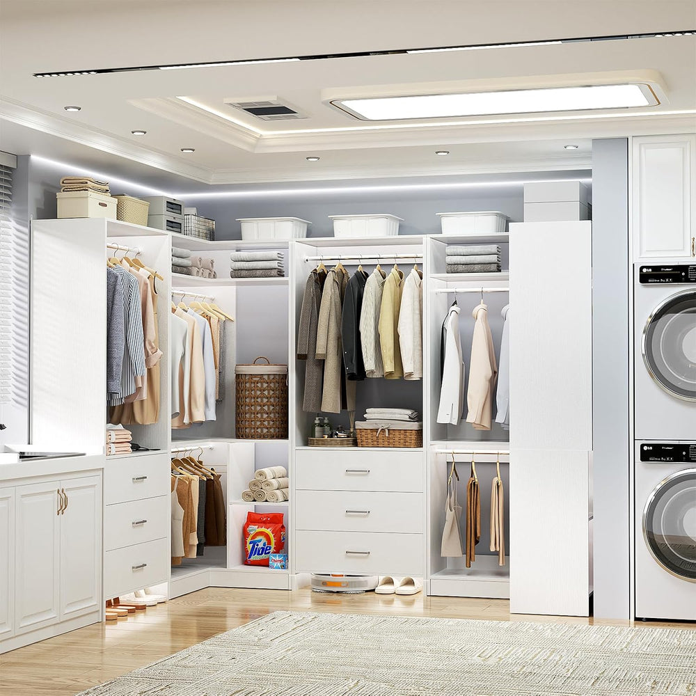 Aheaplus Closet System with Drawer，Hanging Rods， U-Shaped，Set of 4，White