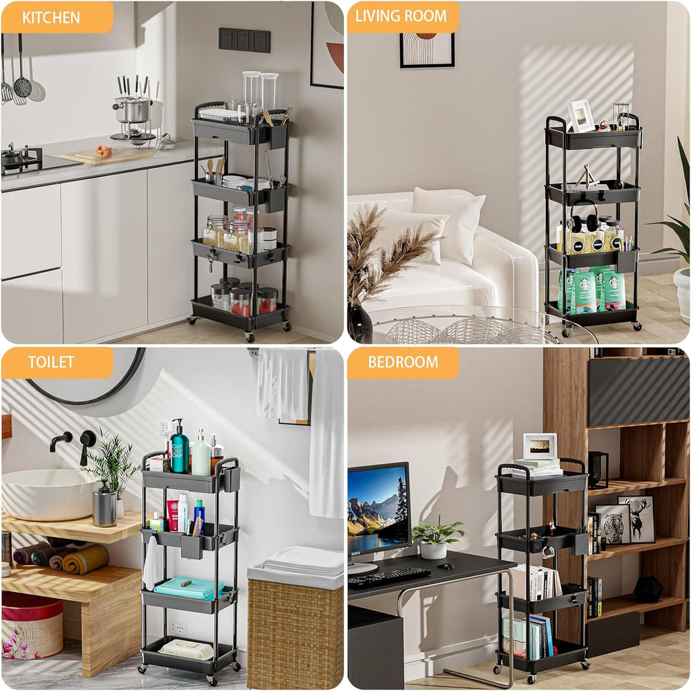 4 Tier Rolling Utility Cart with Drawer,REBECAT Utility Cart Made of Multifun...