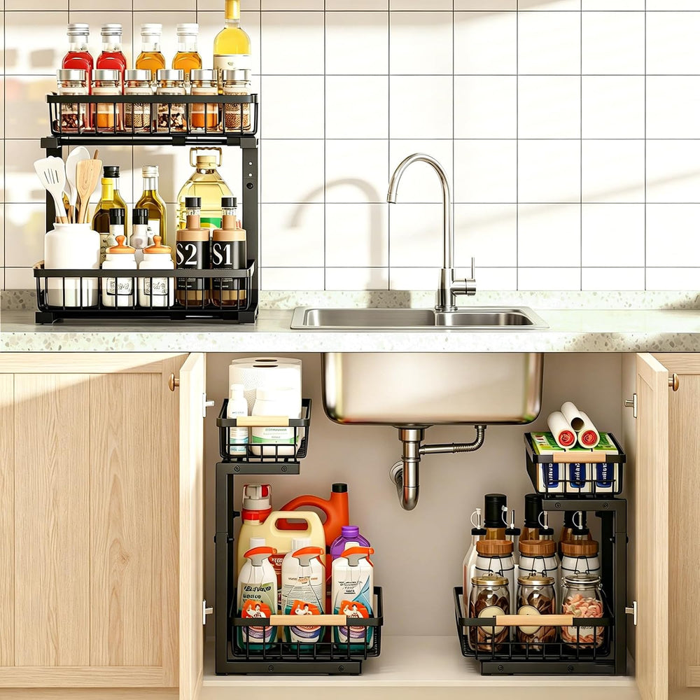 Under Sink Organizer, Adjustable 2 Tier Pull Out Kitchen Bathroom