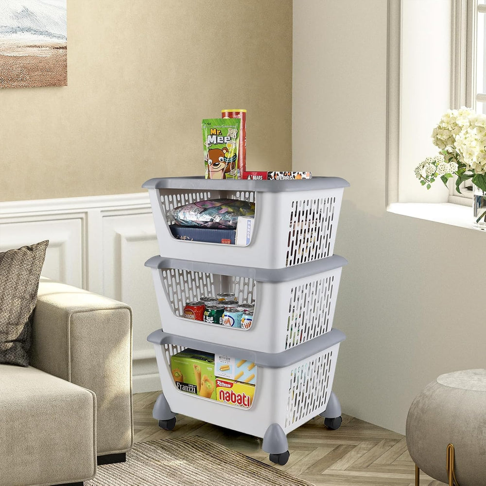 3 Tier Plastic Stackable Storage Baskets with Wheels, Rolling Stackable Baske...