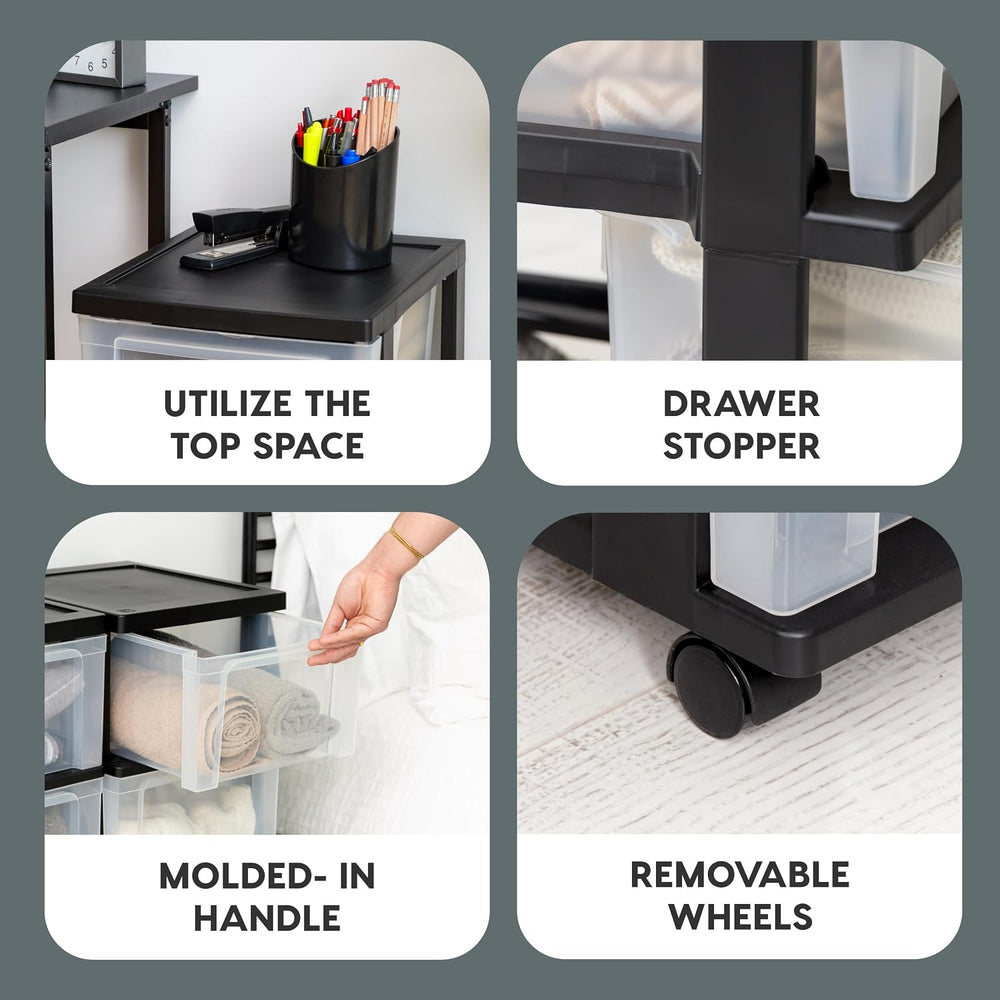 IRIS USA 3-Drawer Slim Narrow Storage Organizer Rolling Cart, Black/Clear