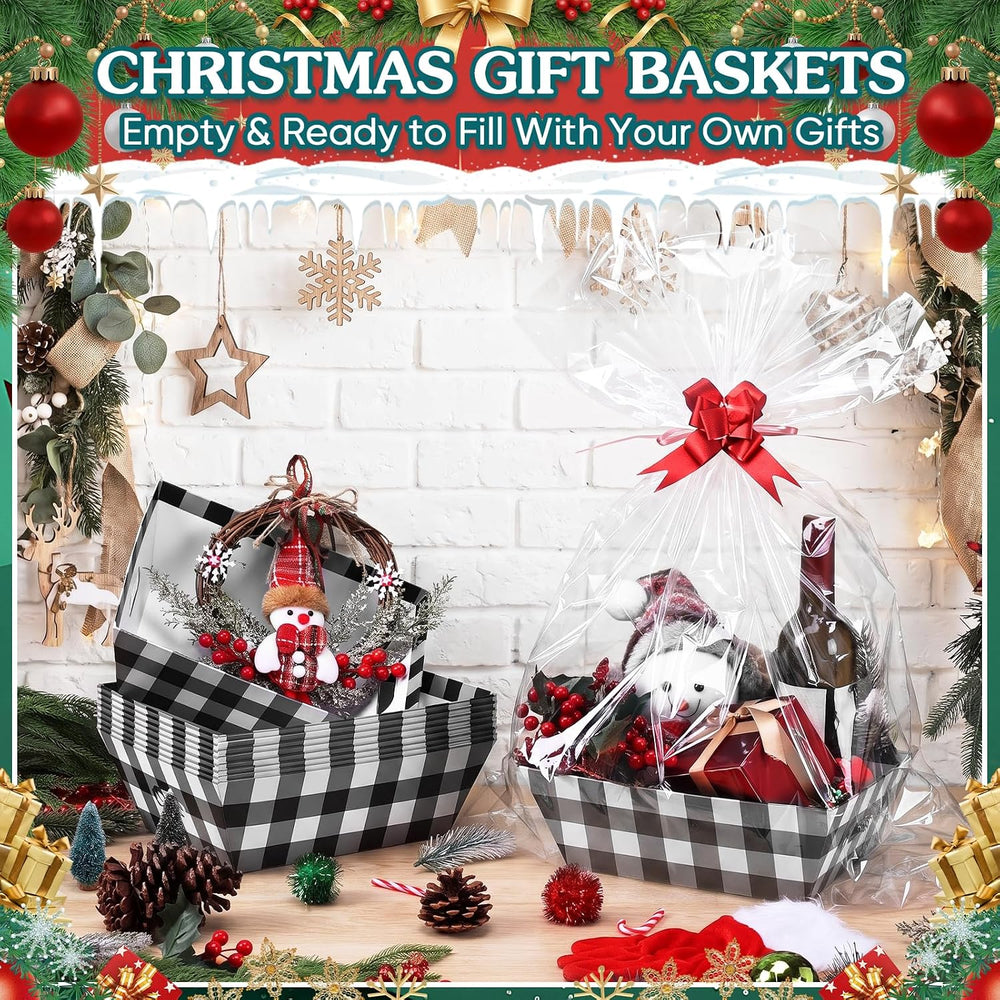 AFOROEOA 10 Pack Christmas Gift Baskets Empty, 10x12 Inch Black Plaid Gift Ba...