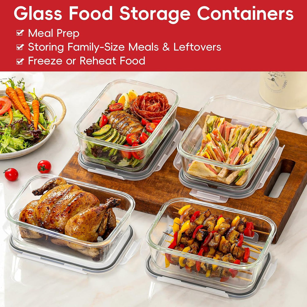 4 Pack 8 Cups/ 63oz Large Glass Storage Containers with Lids, Meal Prep Conta...
