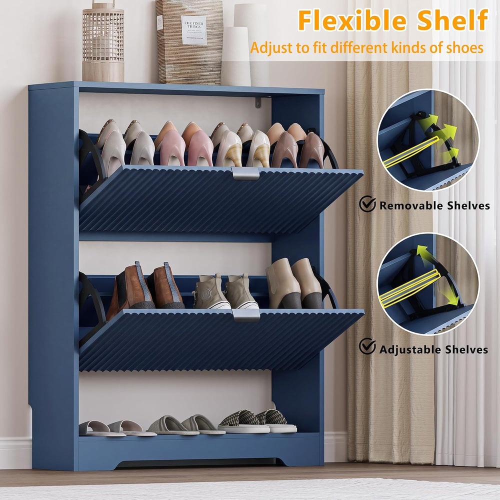 BORNOON Shoe Cabinet with 2 Flip Drawers, Fluted Shoe Storage Cabinet with Ad...