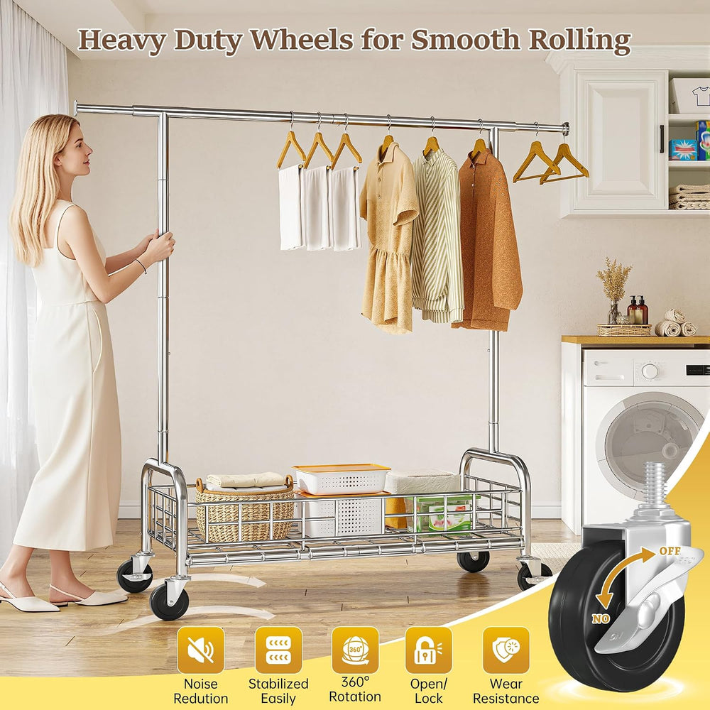 Raybee heavy duty clothes rack with wheels, 485LBS, Bottom Storage Basket