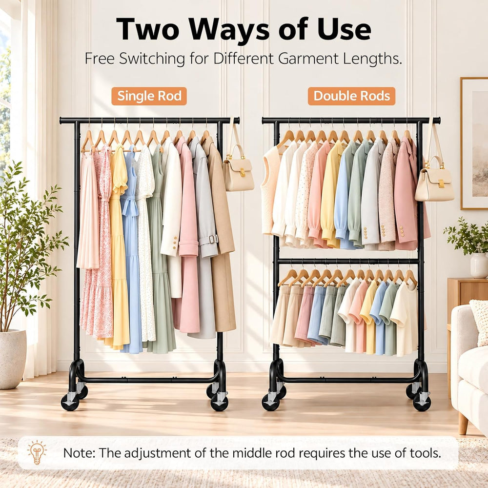 Heavy Duty Clothes Rack - Rolling Clothing Rack for Bedroom - Black