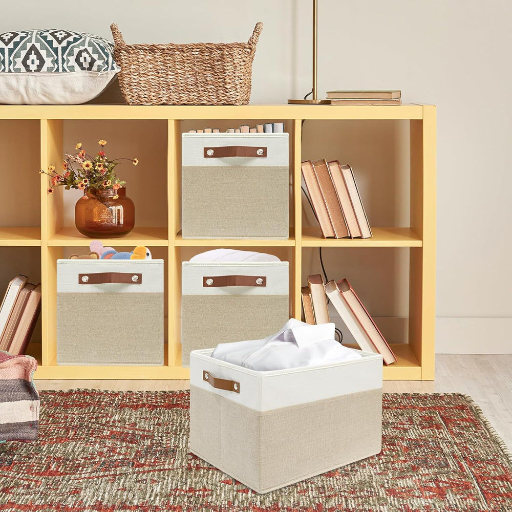 6 Pack Large Fabric Storage Baskets with Handles (White with Beige,15" L...
