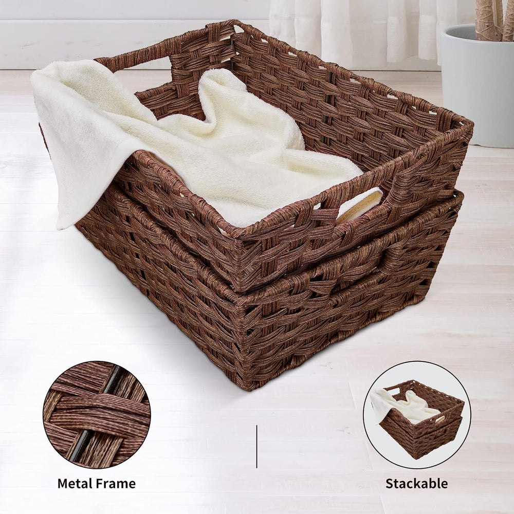Onlytak Large Wicker Storage Basket, Metal Frame, Set of 2, Washable Waterpro...