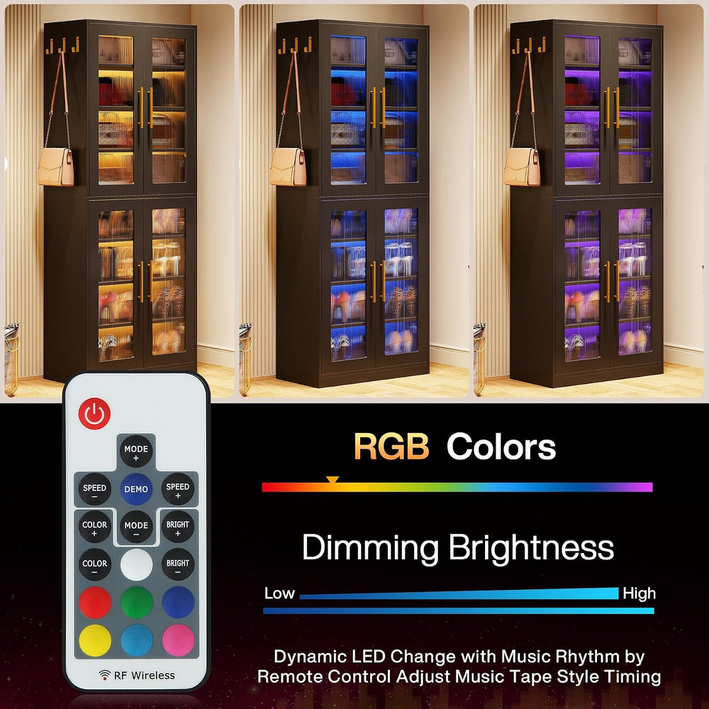 Tribesigns Black Shoe Storage Cabinet with Acrylic Doors and LED Lights, 8-Ti...