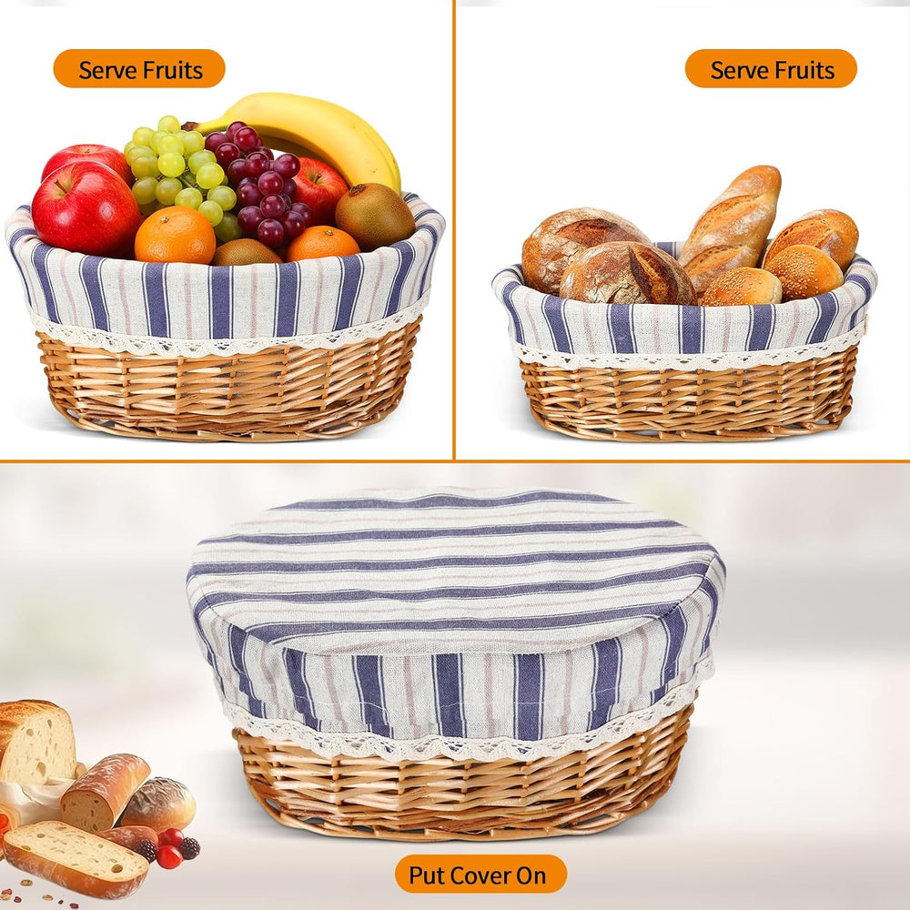 2 Set 11" 12" Bread Basket, Natural with Gray White Stripes Cover