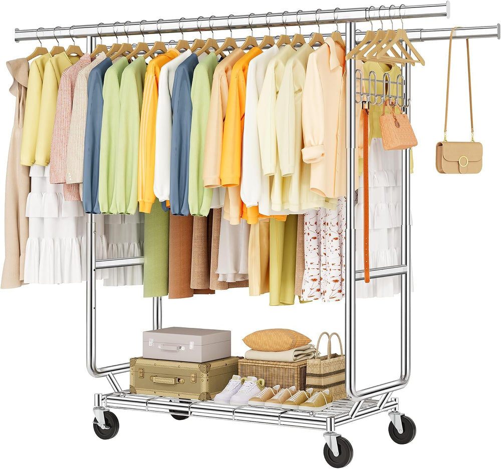 Hoctieon 2-Minute Assembly Double Rod Clothes Rack, Heavy Duty Rolling Clothi...