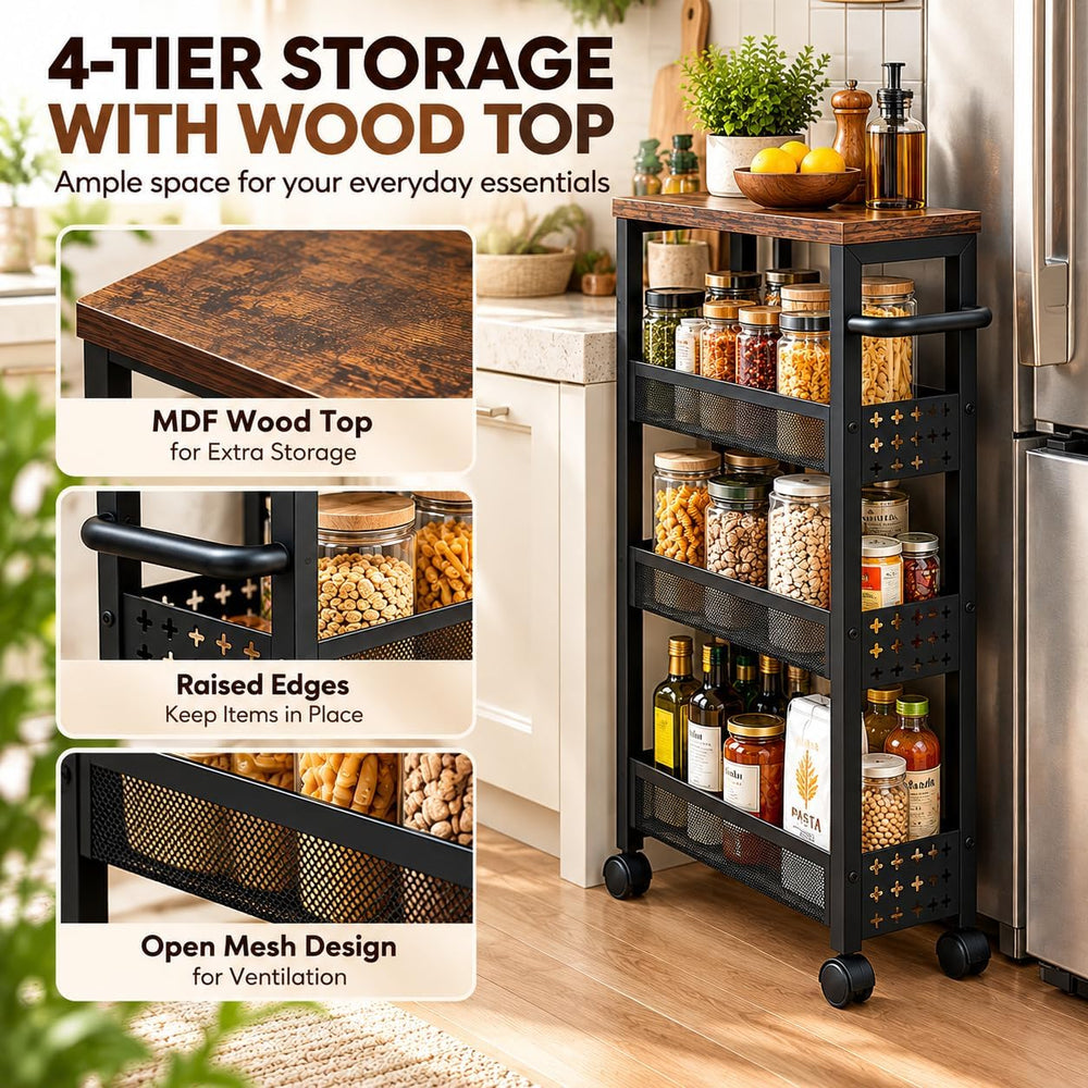 4-Tier Slim Rolling Storage Cart, 7.5" Narrow Utility Cart with Wheels