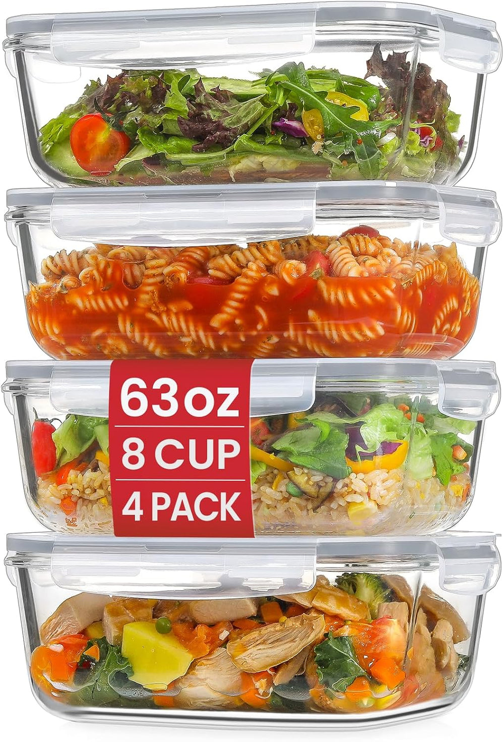 4 Pack 8 Cups/ 63oz Large Glass Storage Containers with Lids, Meal Prep Conta...