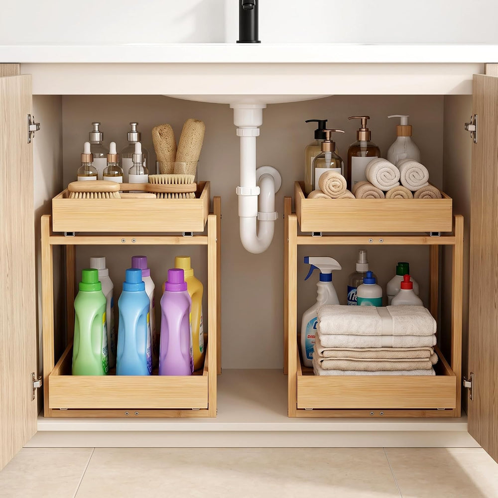 Bamboo Under Sink Organizer, 2 Pack Pull Out Cabinet Organizer