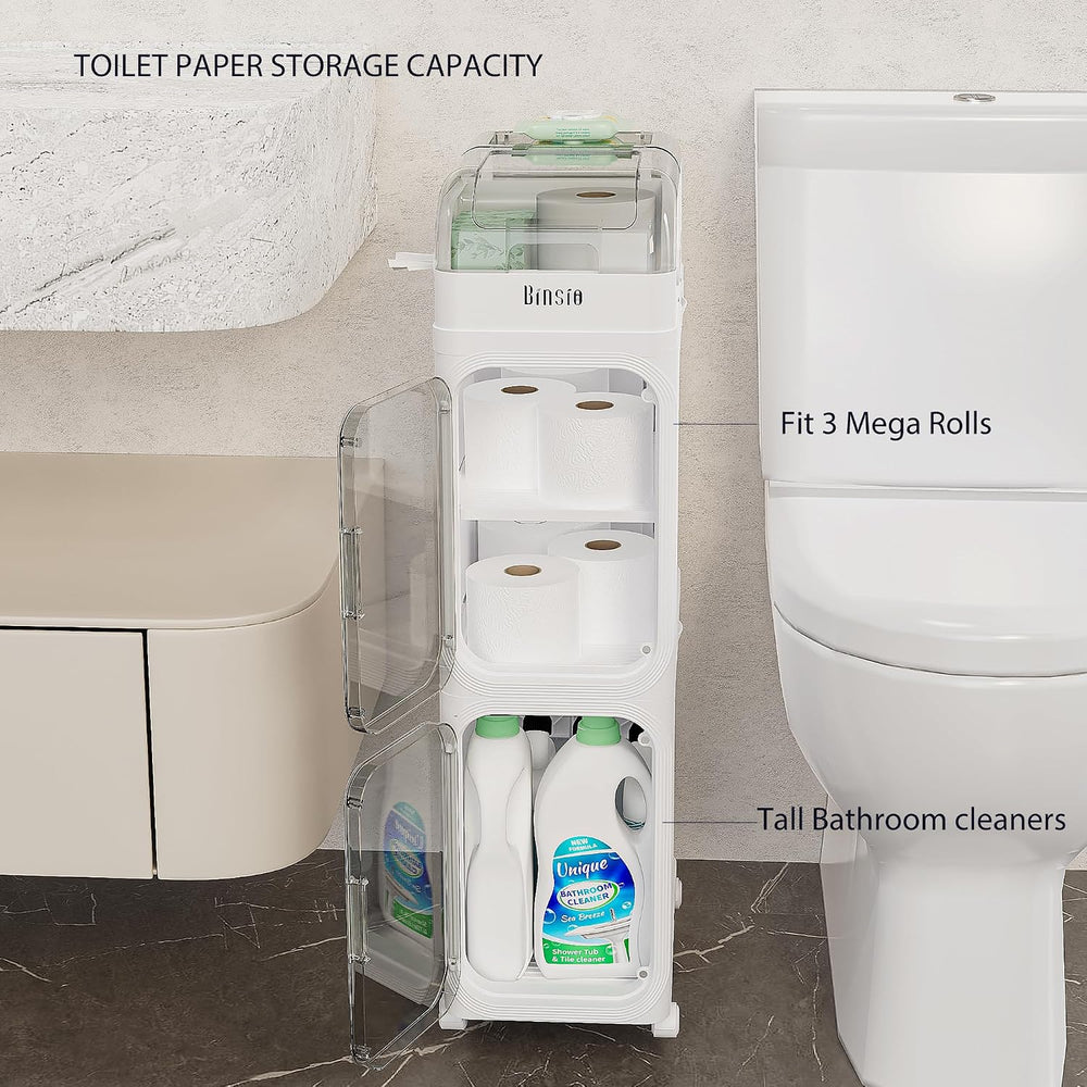 BINSIO 3-Tier Slim Bathroom Storage Cabinet, Rolling Toilet Paper Storage Cab...