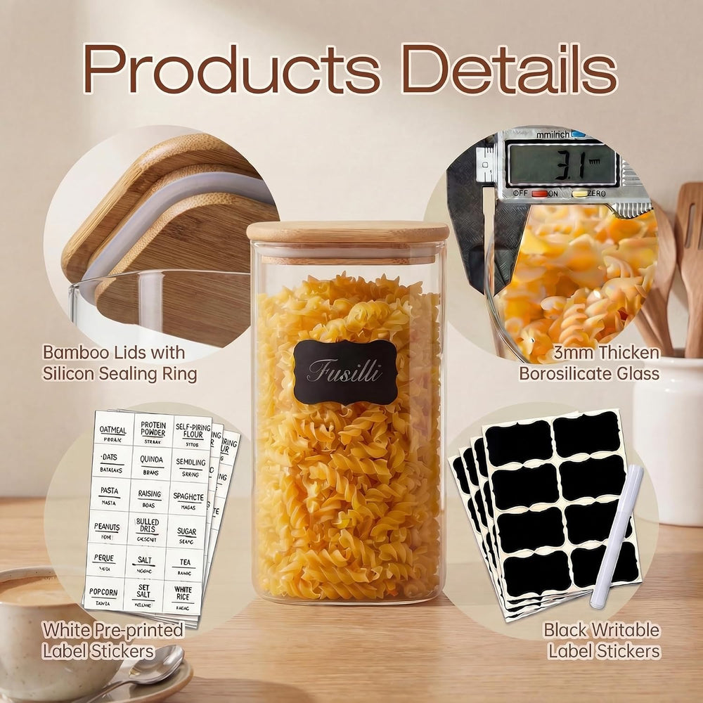 42 oz & 27 oz Square Glass Food Storage Containers with Bamboo Lids, 4 Pack