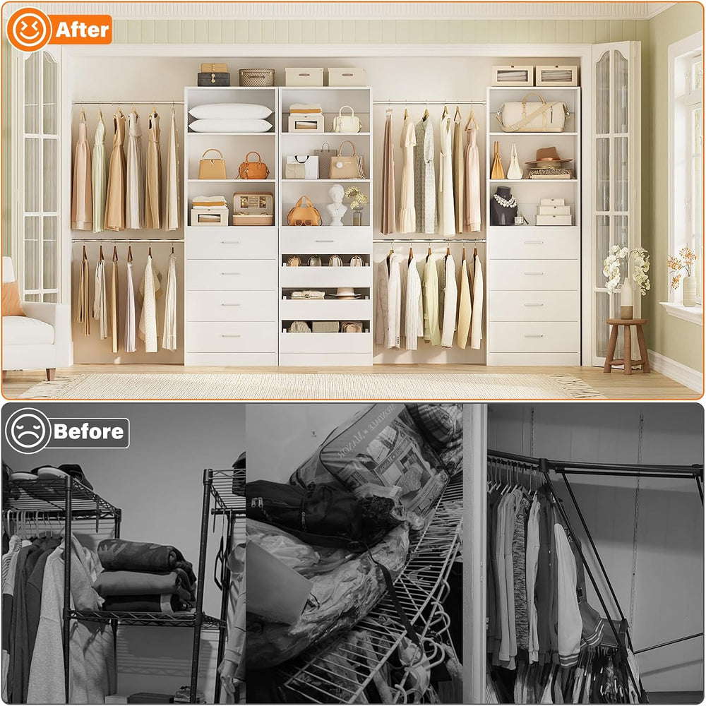 Aheaplus Closet System with 12 Drawers, 8.5-11.5Ft Wood Closet Organizer