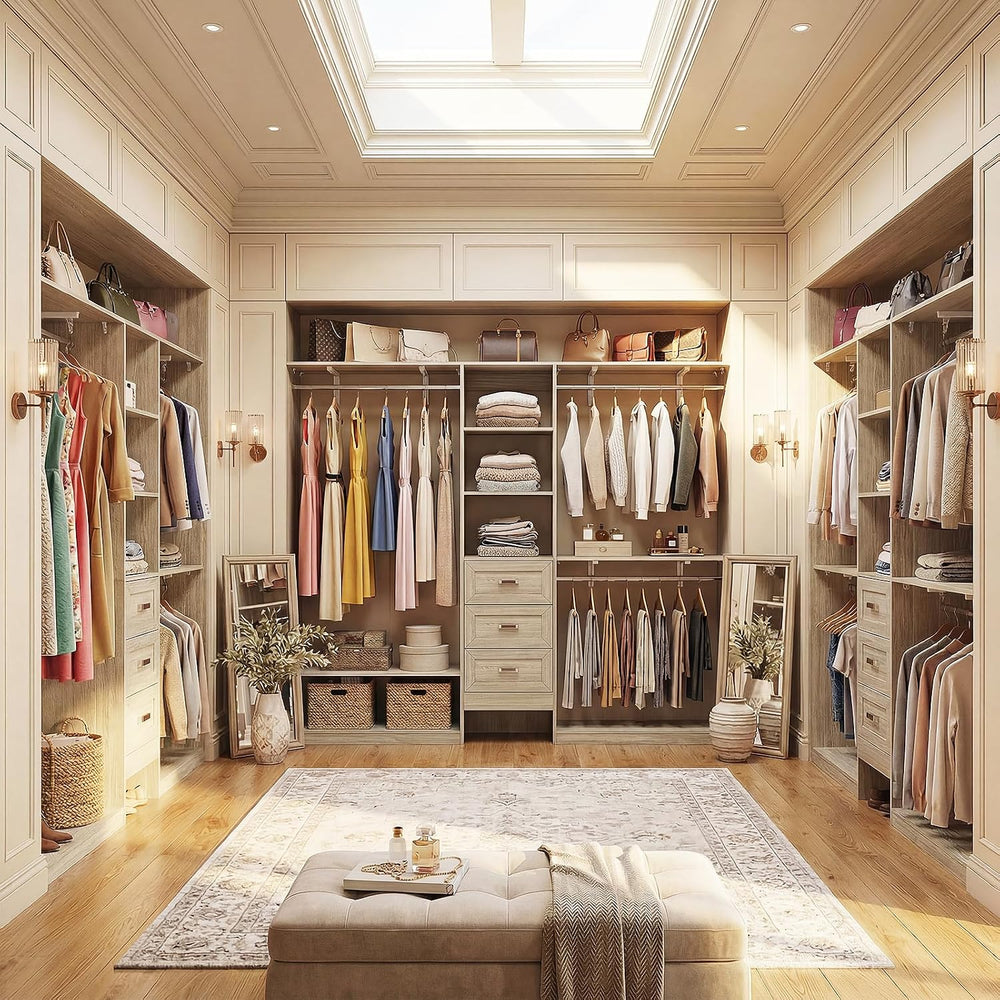 8FT Closet System with 3 Curved Drawers, 96'' Wooden Walk-in Closet O...