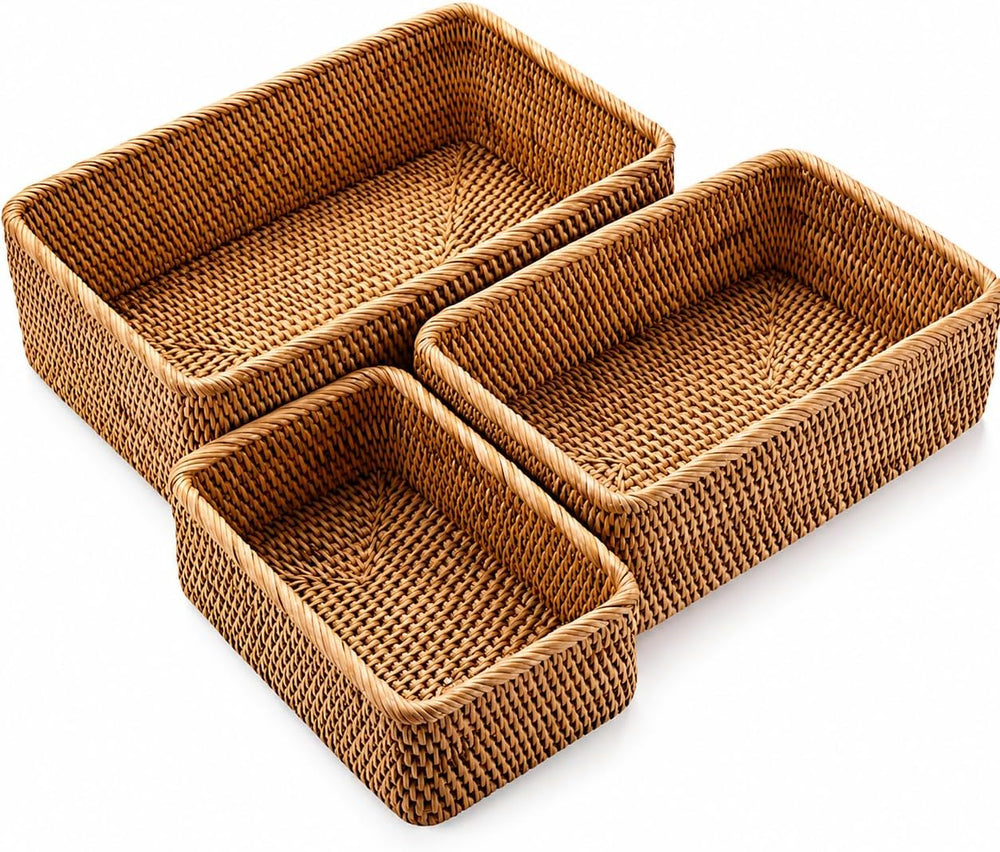 Yangqihome Natural Rattan Storage Baskets, Rectangular Woven Fruit Baskets, D...