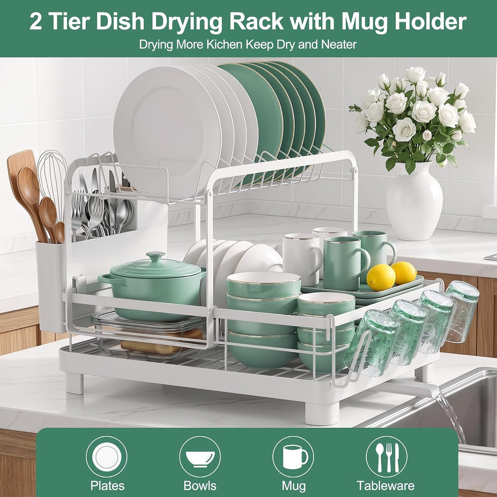 Runnatal 2-Tier Dish Drying Rack with Drainboard for Kitchen Counter
