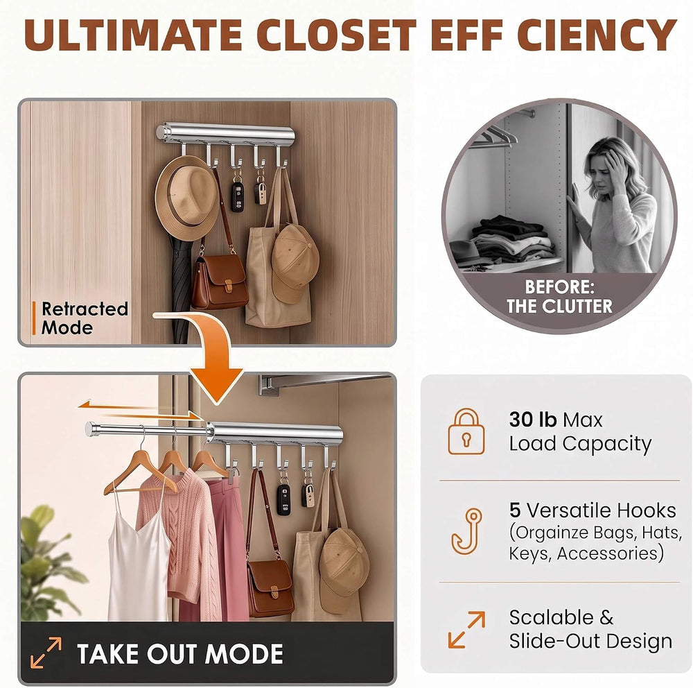 Valet Rod for Closet, 12" Pull Out Retractable with 5 Hooks（Chrome)