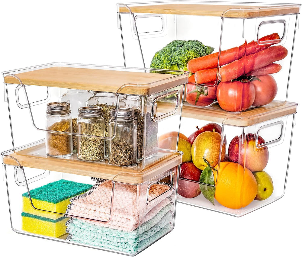 Criusia 2 Large and 2 Small Pantry Organizers and Storage with Bamboo Lids, S...