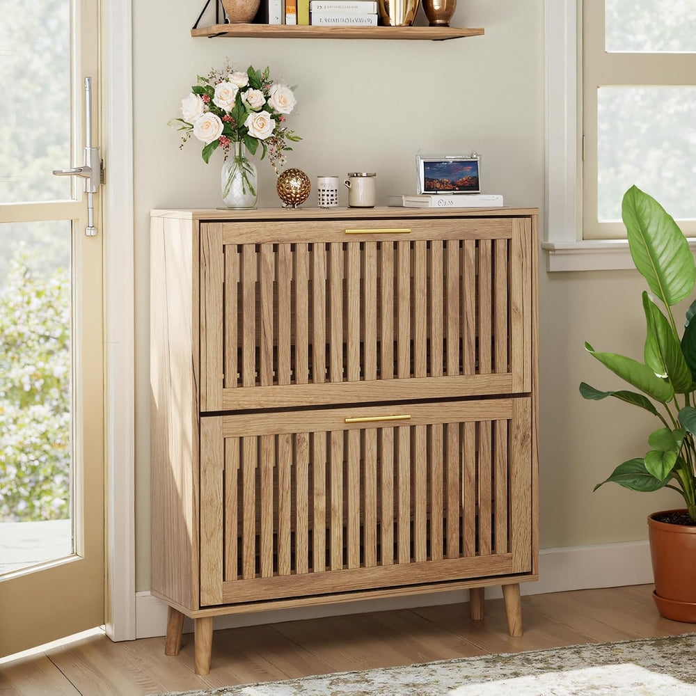 Smart FENDEE Shoe Storage Cabinet with 2 Flip Slatted Drawers, Narrow Freesta...