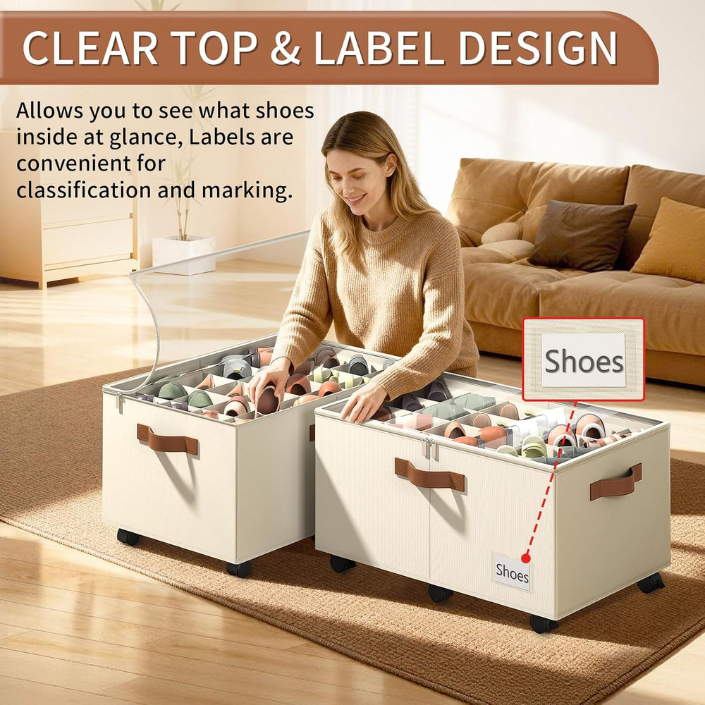 Shoe Organizer for Closet, Shoe Storage with Wheels, Beige