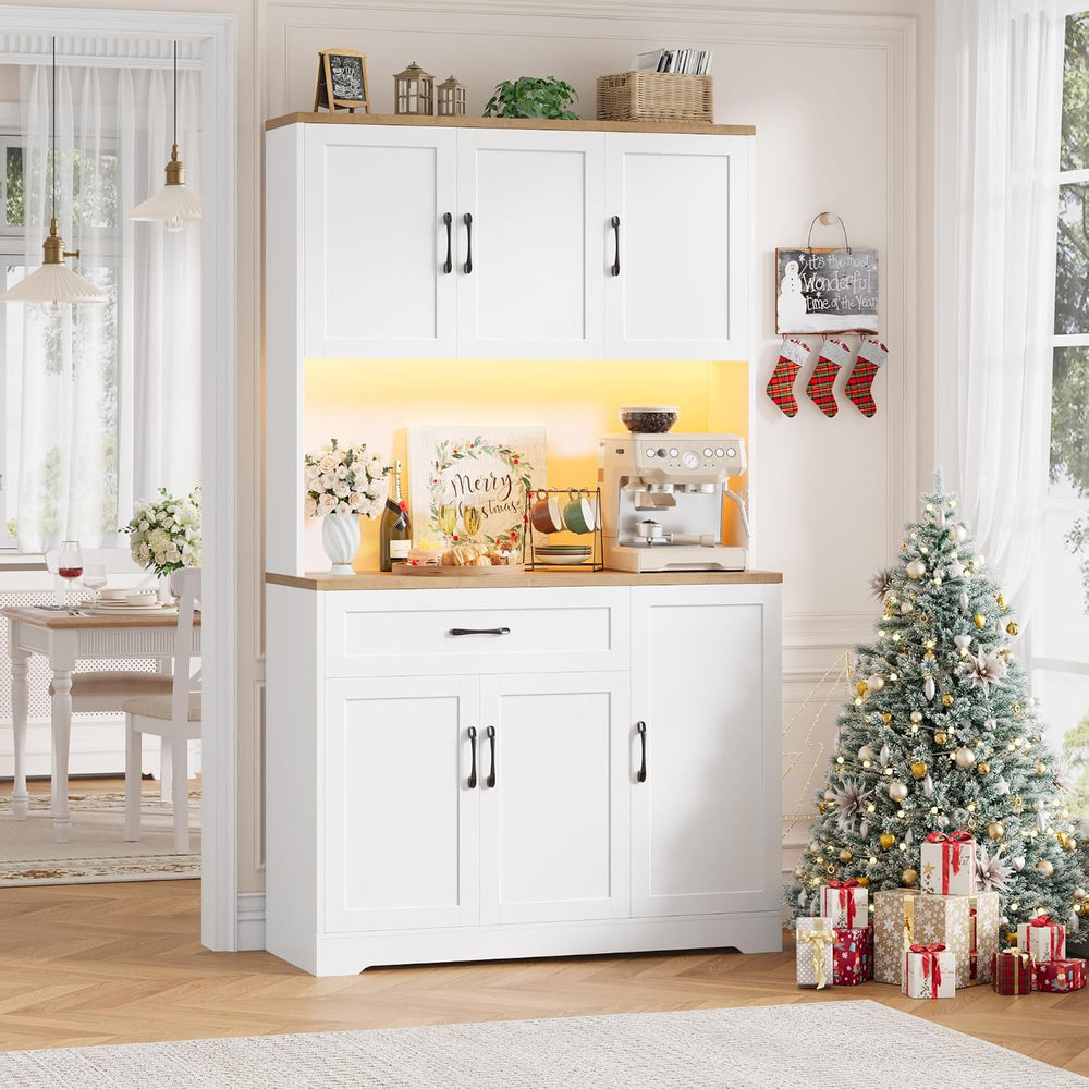 71'' Tall LED Kitchen Pantry Cabinet with Power Outlet & Door Rac...