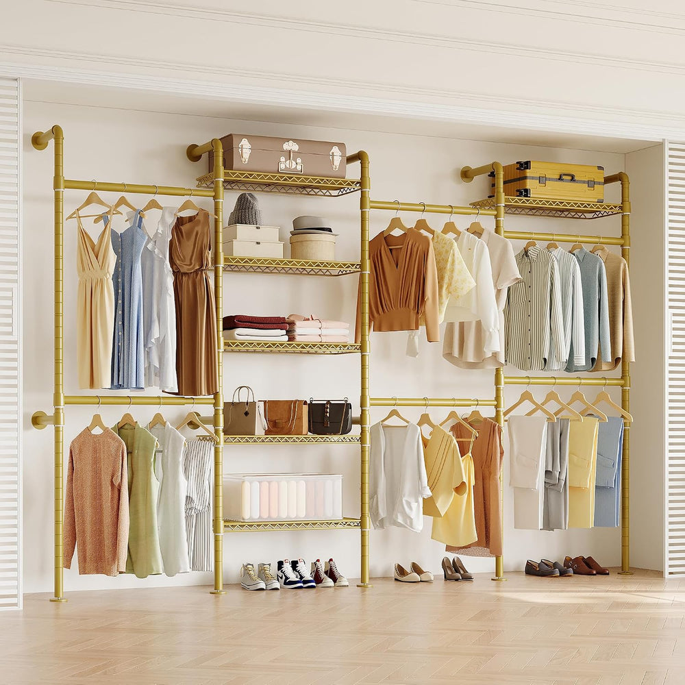 Higeego W4 Wall Mounted Clothes Rack, Industrial Pipe Clothing Rack, Gold