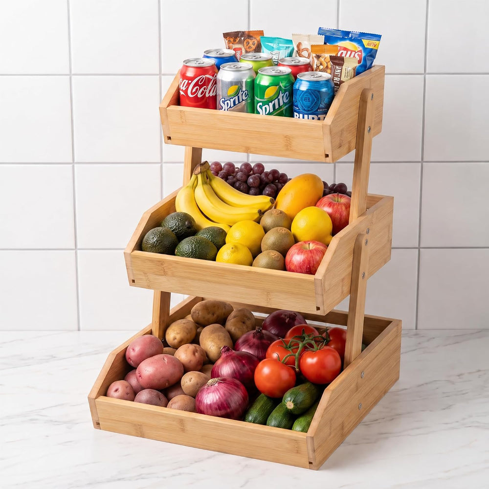 DEKAVA 3 Tier Bamboo Fruit and Vegetable Basket for Kitchen Counter