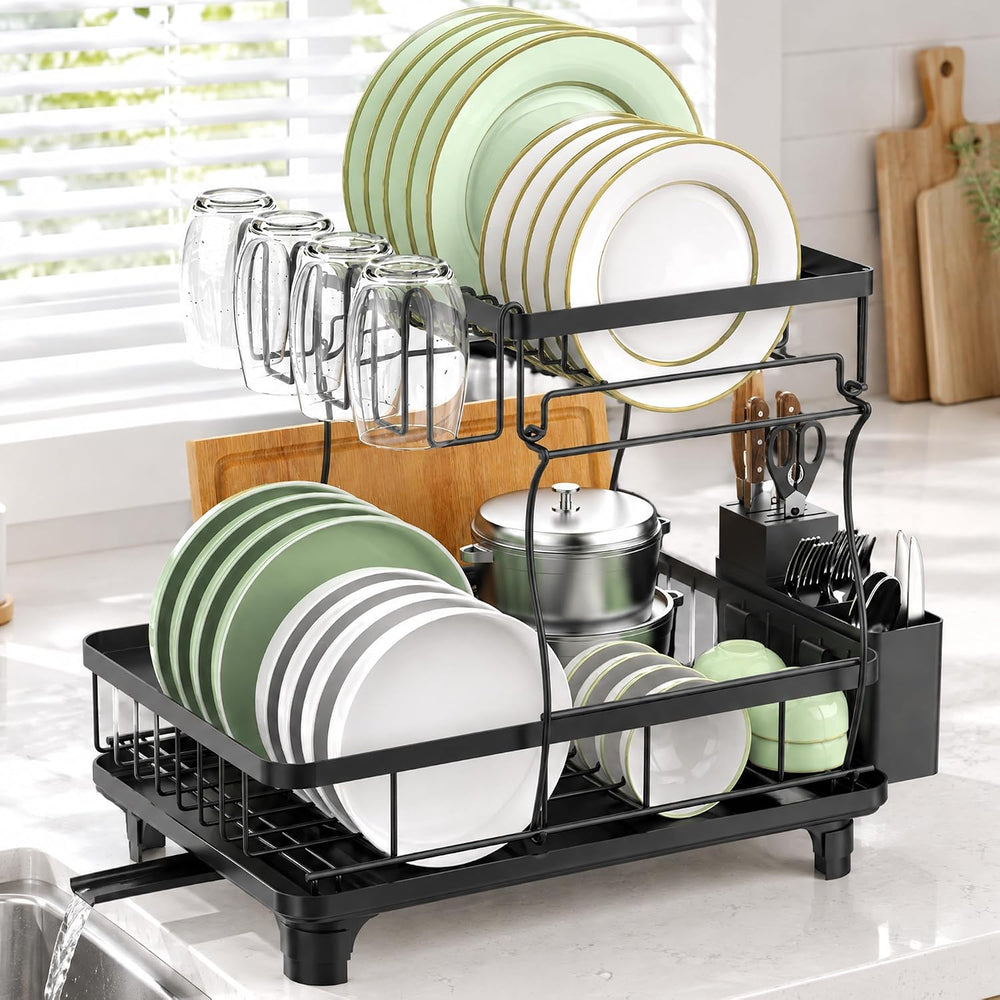 2-Tier Large Dish Drying Rack for Kitchen Counter, Black