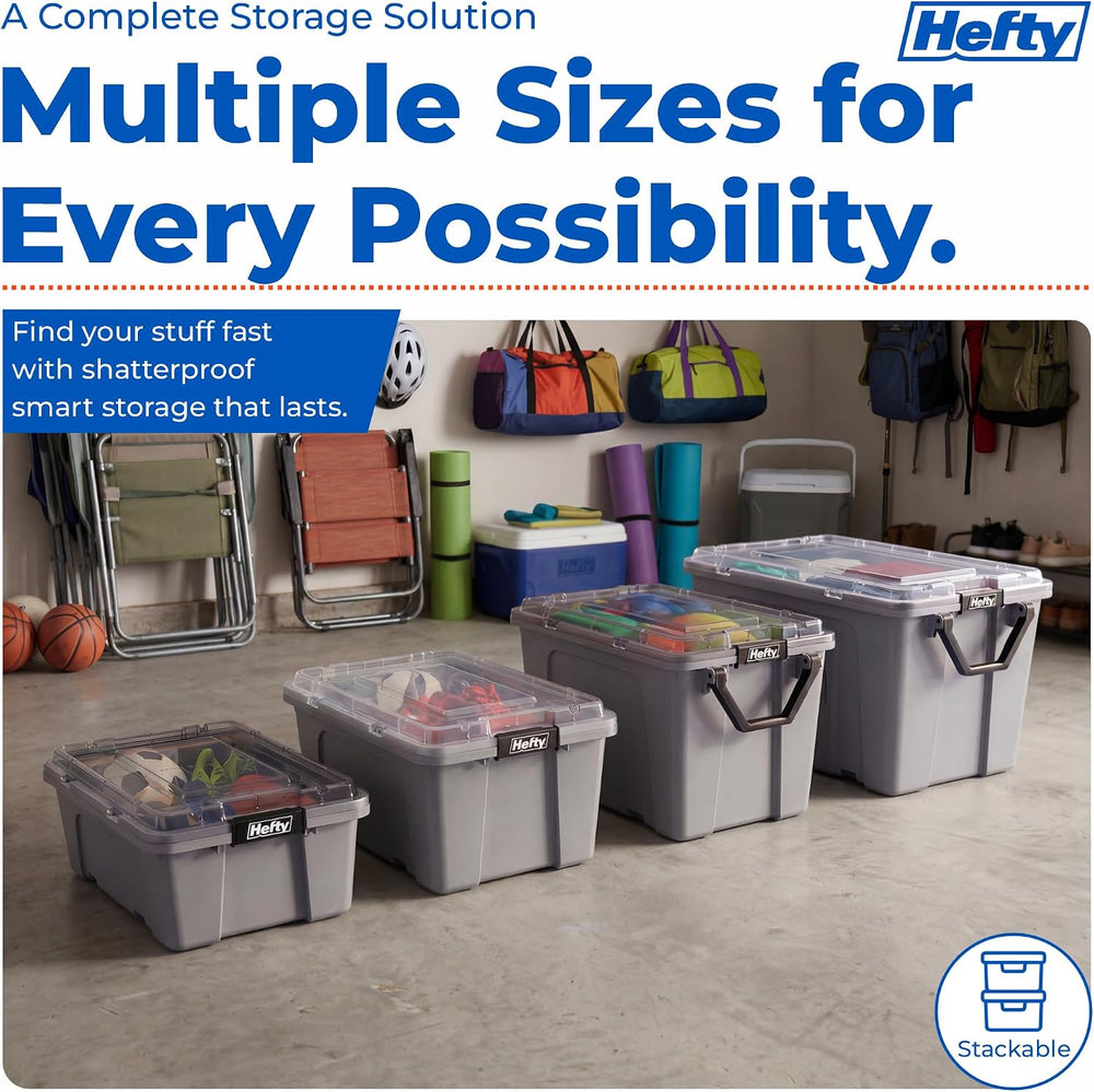 Hefty MAX Pro 28 Gal Storage Bins with Clear Lids, Stackable, 4 Pack, Grey