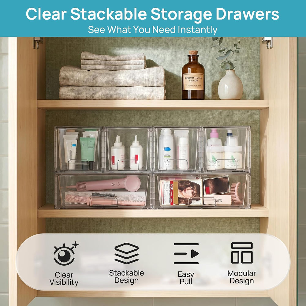 Vtopmart Clear Stackable Storage Drawers, 4 Pack Wide Organizer Set